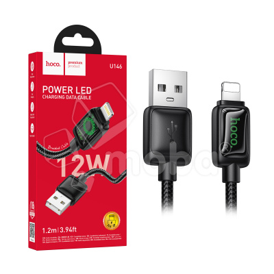 Кабель USB - Lightning Hoco U146 (12W, оплетка нейлон, 1.2 м) Черный