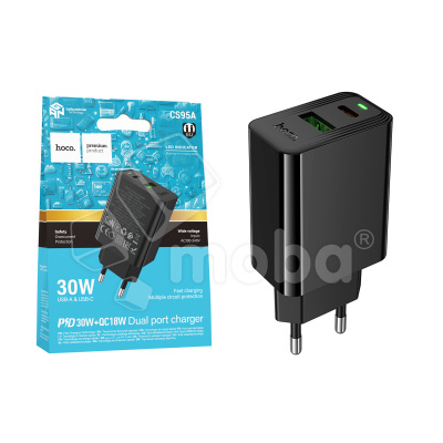 Сетевое зарядное устройство USB/Type-C Hoco CS95A (30W, QC3.0, PD, 2 порта) Черный